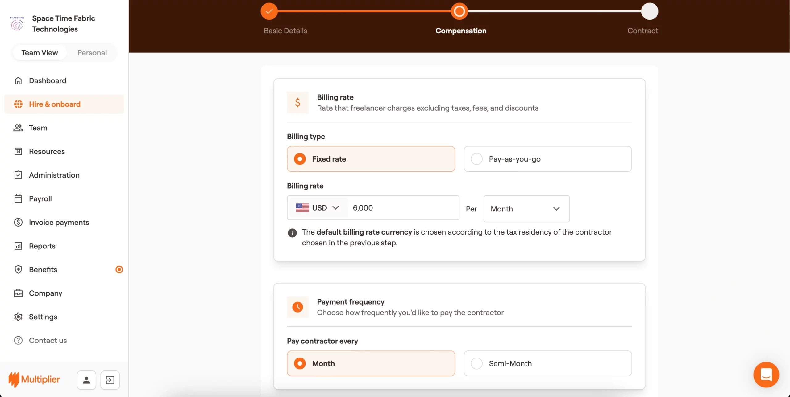 Billing type, rate, frequency, and invoice generation for onboarding a contractor in the United States of America (USA). 
